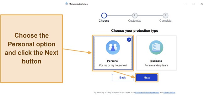 Screenshot showing how to install Malwarebytes for personal use