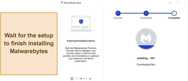 Screenshot showing Malwarebytes' installation in progress