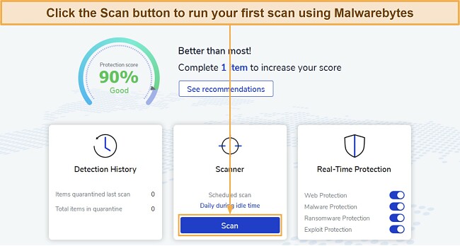 Screenshot showing how to start a scan with Malwarebytes