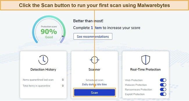 Screenshot showing how to start a scan with Malwarebytes