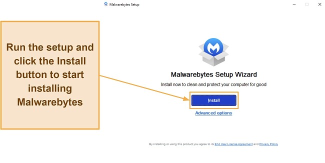 Screenshot showing how to begin Malwarebytes' installation