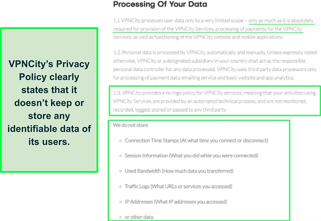Screenshot of VPNCity Privacy Policy.