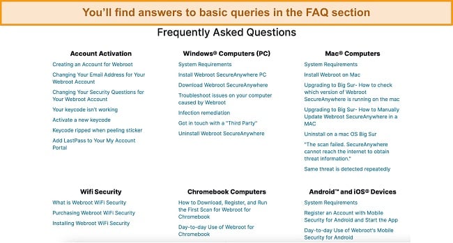 Screenshot of Webroot's FAQ section