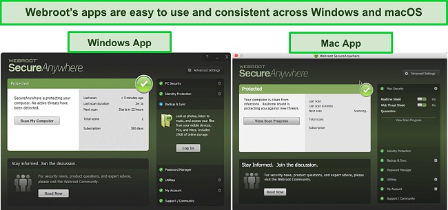 Screenshot of Webroot's Windows and Mac apps