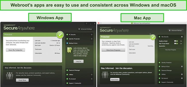 Screenshot of Webroot's Windows and Mac apps