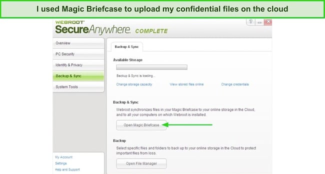 Screenshot of Webroot's Backup & Synch dashboard page