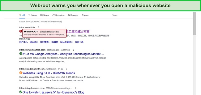Screenshot of Webroot's Web Shield marking unsafe websites on Google's SERPs