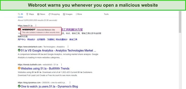 Screenshot of Webroot's Web Shield marking unsafe websites on Google's SERPs