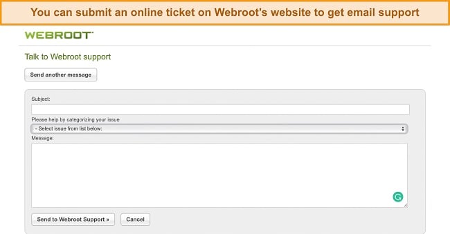 Screenshot of ticket request page on Webroot's website