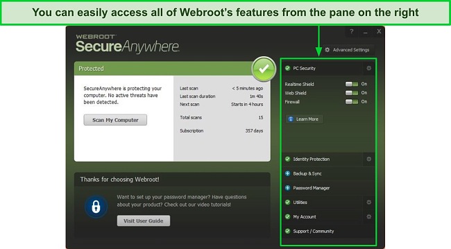 Screenshot of Webroot's main dashboard