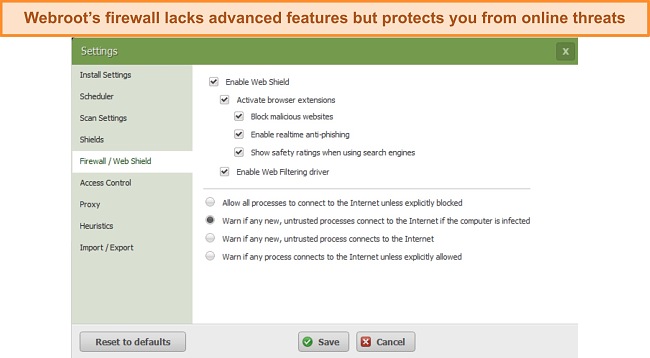 Screenshot of Webroot's firewall settings page