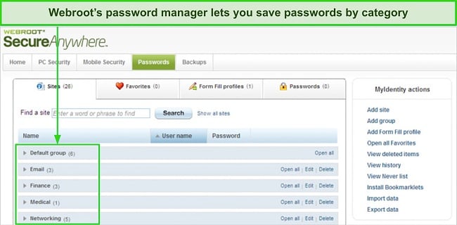 Screenshot of Webroot password manager's user interface