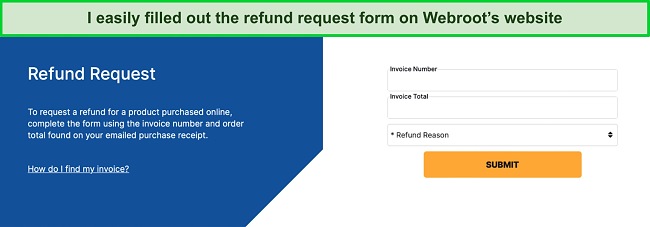 Screenshot of Webroot's refund request form on its website