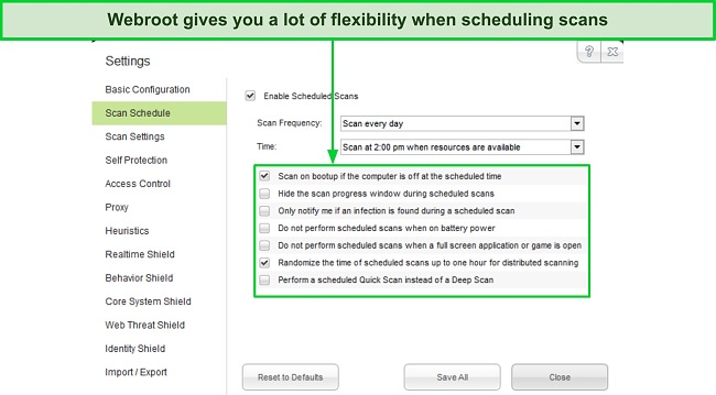 Screenshot of how to set up a scan schedule with Webroot