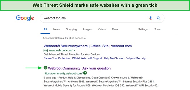Screenshot of Webroot's Web Shield filtering safe websites from unsafe ones