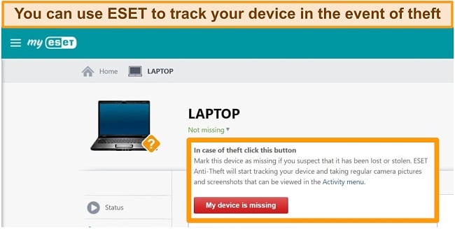 Screenshot of ESET's anti-theft dashboard.