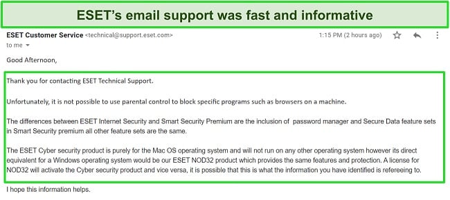 Screenshot of ESET's email support reply.