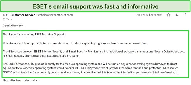 Screenshot of ESET's email support reply.