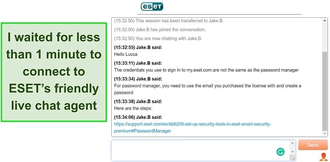 Screenshot of ESET's live chat