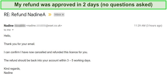 Screenshot of a refund approval email from ESET support.