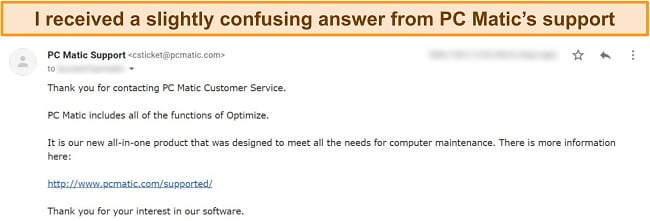 Screenshot of PC Matic email support response.