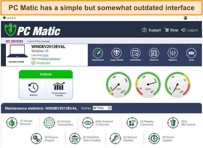 Screenshot of PC Matic's desktop interface.