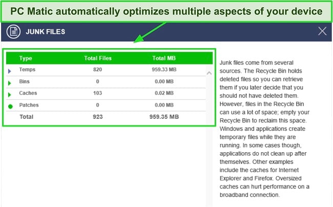 Screenshot of PC Matic's post-scan optimization information.