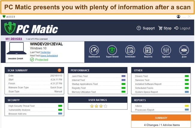 Screenshot of PC Matic's post-scan overview.