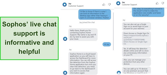 Screenshot showing a conversation with Sophos' live chat support