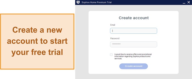 Screenshot showing the account creation menu in Sophos' setup