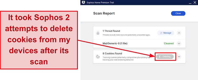 Screenshot showing Sophos deleting cookies after finishing a scan