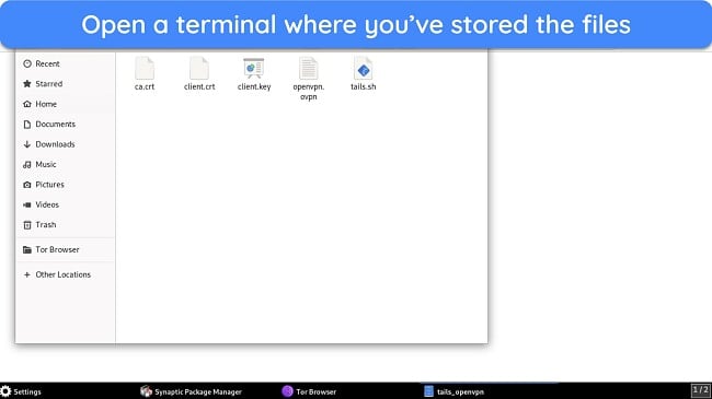 Screenshot showing the Tails OS folder where all CyberGhost configuration files are stored