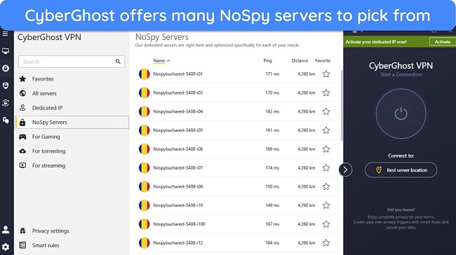 Screenshot showing CyberGhost's various NoSpy servers