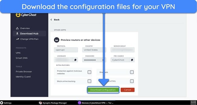 Screenshot showing how to download configuration files from CyberGhost's website