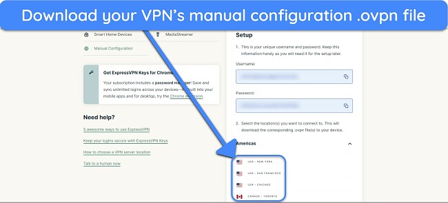 Screenshot showing how to download .ovpn configuration file from ExpressVPN's website