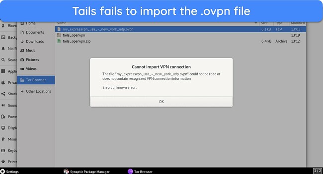Screenshot of Tails OS failing to import ExpressVPN's .ovpn file