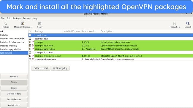 Screenshot showing how to download the necessary OpenVPN packages on Tails OS