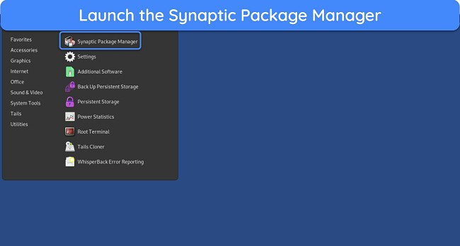 Screenshot showing how to open the Synaptic Package Manager on Tails OS