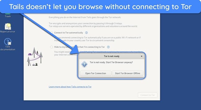 Screenshot of Tails OS notifying to connect to the Tor network before opening the browser