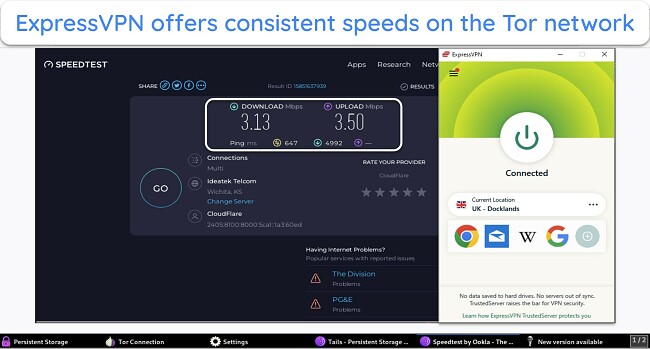 Screenshot of ExpressVPN's speed test results on the Tor network while connected to a UK server
