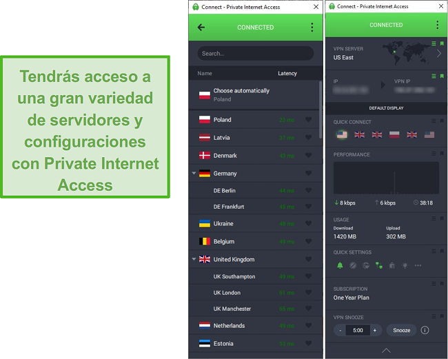 Captura de pantalla que muestra la lista de servidores PIA mientras está conectado al servidor Este de EE. UU.