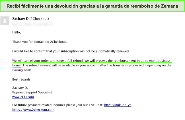 Captura de pantalla de un usuario que solicita un reembolso del antivirus Zemana por correo electrónico utilizando la garantía de devolución de dinero