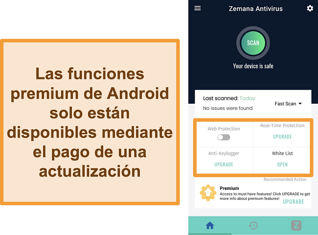 Captura de pantalla de la interfaz principal de la aplicación de Android de Zemana.
