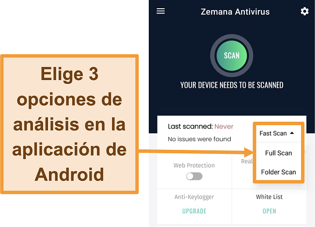 Captura de pantalla de la aplicación de Android de Zemana con los tipos de escaneo resaltados.