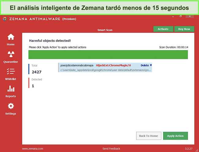 Captura de pantalla del Smart Scan de Zemana con objetos dañinos detectados.