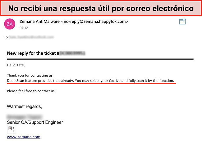 Captura de pantalla de la respuesta por correo electrónico a un ticket de atención al cliente en línea que proporciona información incorrecta.