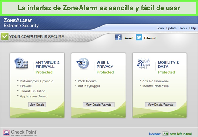 Captura de pantalla de la interfaz principal de ZoneAlarm para la aplicación de Windows.