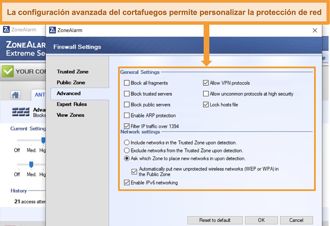 Captura de pantalla de la configuración avanzada del firewall de ZoneAlarm.