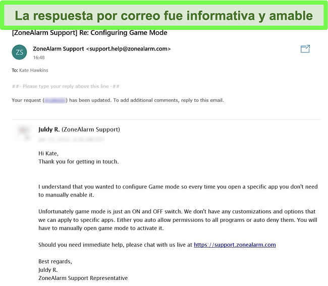 Captura de pantalla de la respuesta del ticket por correo electrónico de ZoneAlarm a una pregunta de atención al cliente.