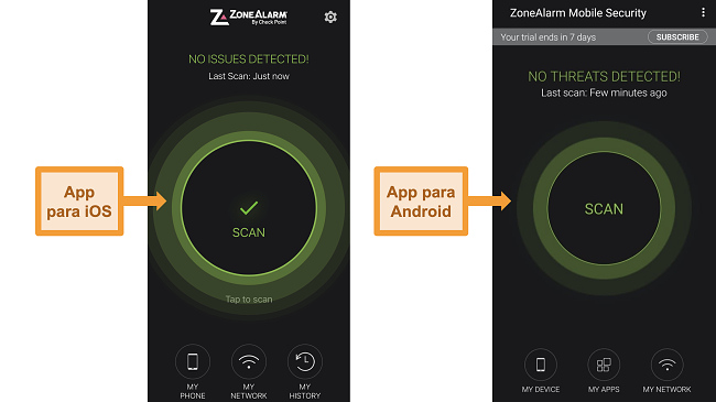 Captura de pantalla de las aplicaciones de iOS y Android de ZoneAlarm.